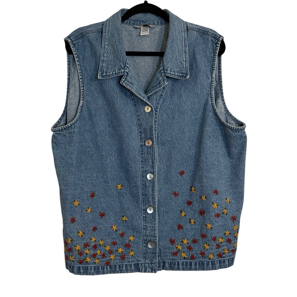 VINTAGE Stonebridge Denim Vest Flower‎ Embroidered - Size 2X- Cottage Core